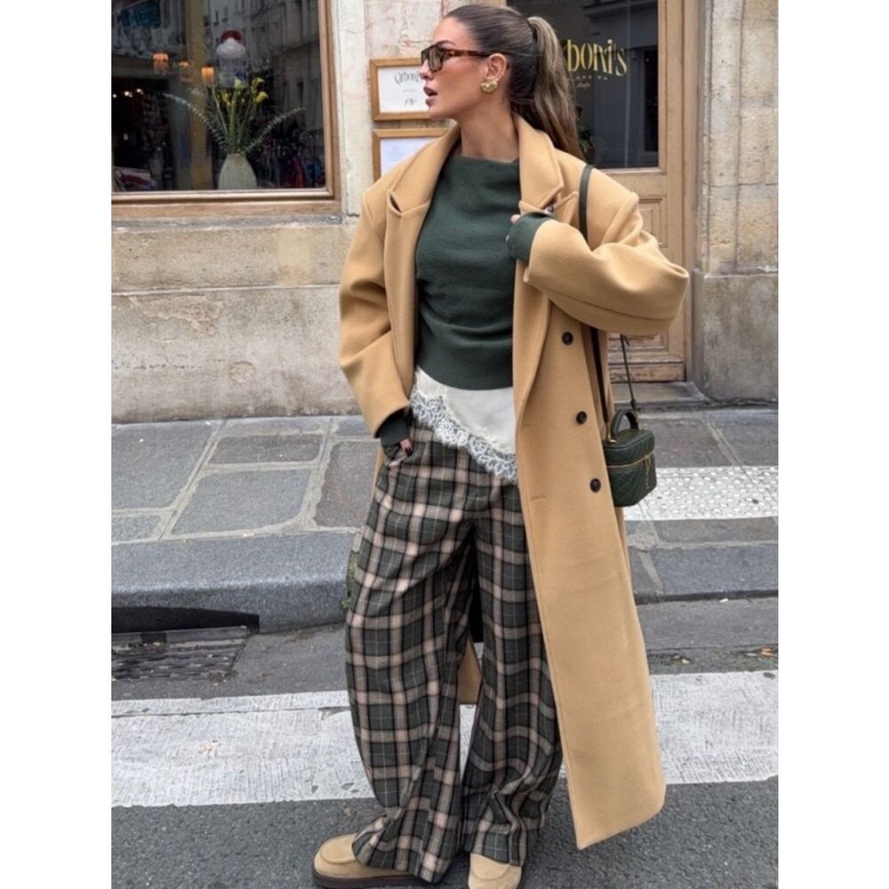 Zara ZW Collection Plaid Wool Blend Wide Leg Pants